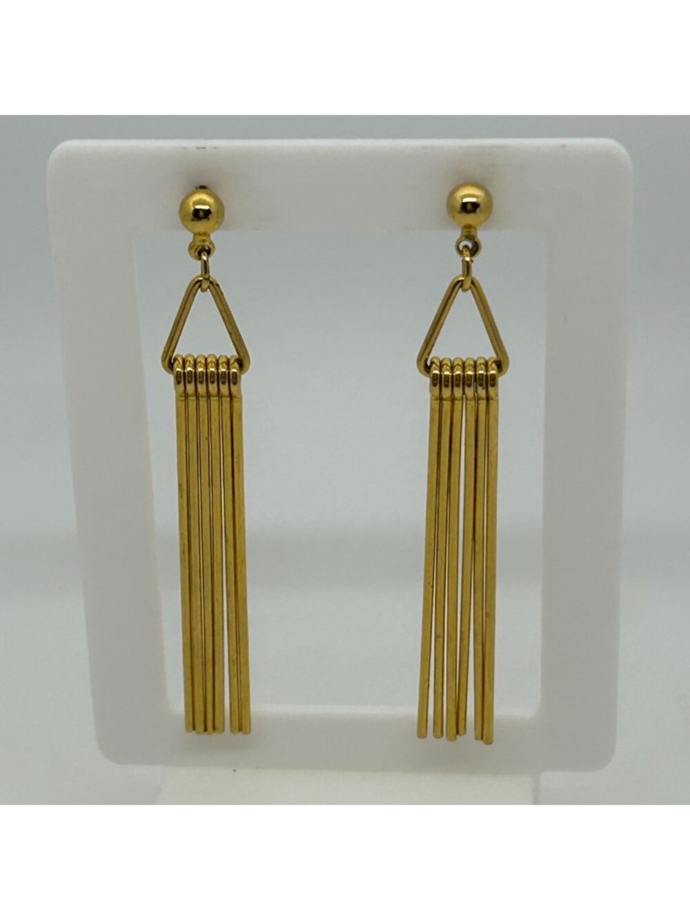 Gold Tone Fringe Tassel Dangle Drop Earrings Geometric Triangle Post Vintage